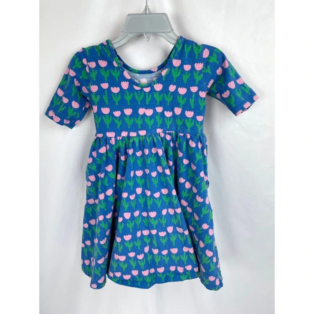 Hanna Andersson 120 us 6-7 Blue Skater Dress Pink Tulips Flowers Short Sleeves